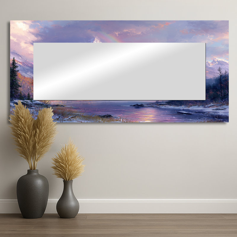 Arc-en-ciel et les montagnes enneigées I - Art mural miroir de paysages - imprimé sur métal, 28 po x 60 po
