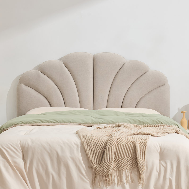 Flower-Shaped Upholstered Headboard with Adjustable Height & Width, Linen Khaki, Full / Queen