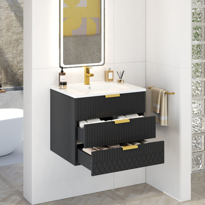 Armoire murale suspendue 24 po avec tiroir double, petit lavabo de salle de bain rectangulaire flottant avec trou de robinet simple et trop-plein, armoire de salle de bain moderne avec lavabo en céramique