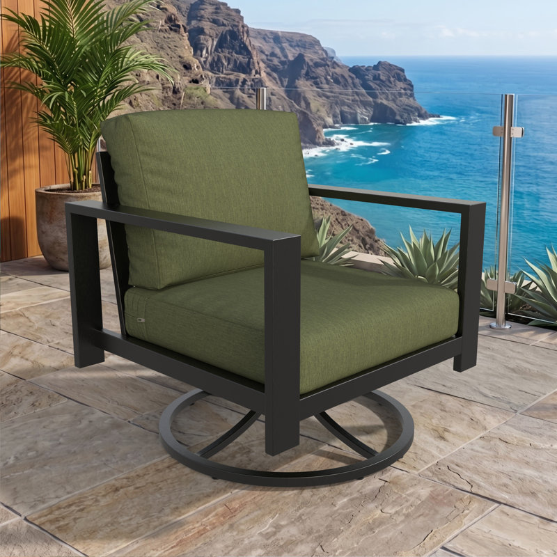 Chaise berçante pivotante avec dossier en lattes angulaires et coussins Sunbrella Oltjana, Toile fougère Sunbrella