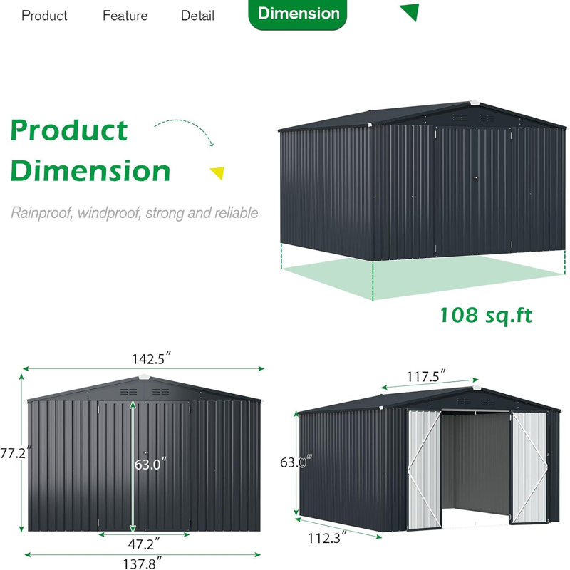 10' x 12' Dark Gray Metal Outdoor Storage Shed