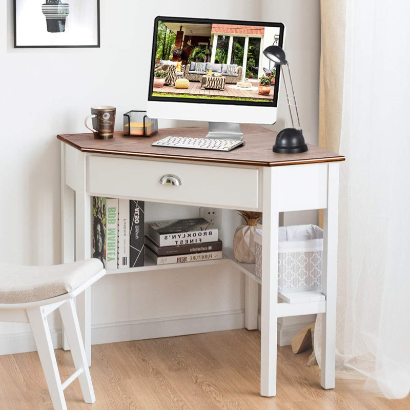Space-Saving Corner Desk With Drawer And Storage Shelves, Compact Triangle Computer Desk For Home Office Or Bedroom