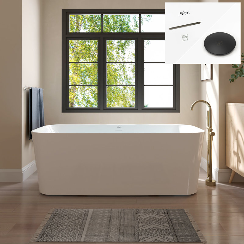 Baignoire autoportante élégante de 67 po FerdY Maui, blanc lustré, certifié cUPC, bonde et trop-plein noir mat avec ensemble de trop-plein inclus