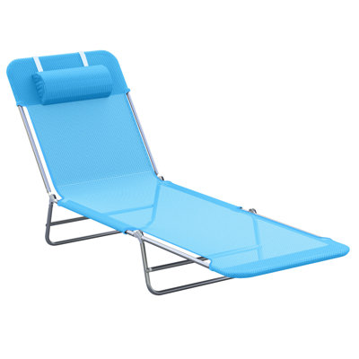 Folding Outdoor Sun Chair - , Blue, With Pillow, Adjustable , Steel Frame & Breathable Mesh For Patio, Pool, Yard Lounger Reclining Back, Spaces Beach,