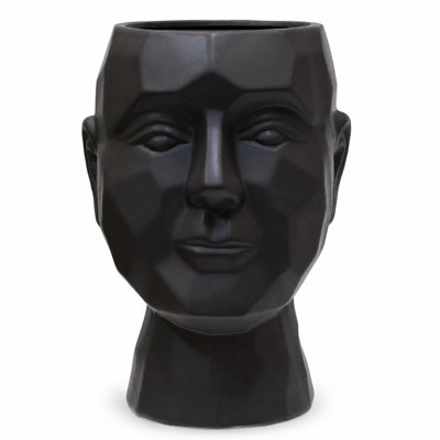 Ceramic Man's Head Pot Matte Finish Black-10.25"H