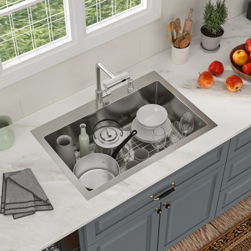 30" L X 22" W Drop-In Kitchen Sink With Pull Down Faucet And Soap Dispenser 16 Gauge Stainless Steel Kitchen Sink Single Bowl Kitchen Sink