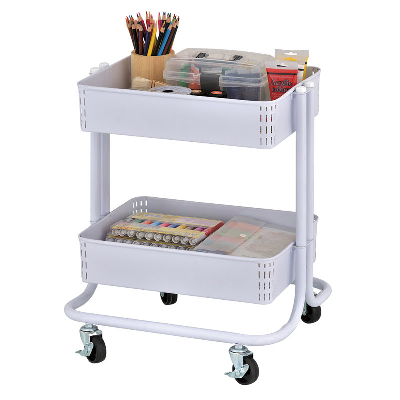 White Metal 2-Tier Rolling Utility Cart with Mesh Baskets