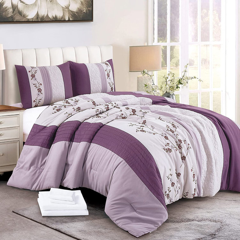 7-Pieces Cherry Blossom Floral Embroidery Comforter Set with Sheets, King Comforter + 6 Additional Pieces, Purple/Beige/Brown