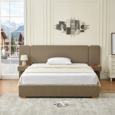 Expansive Headboard  Upholstered Platform Bed with Floating Nightstands and 2 Storage Drawers, King, Brown