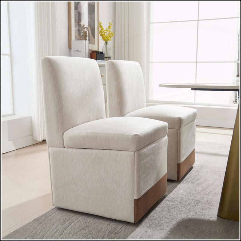 Versatile Upholstered Dining Chairs With Hidden Storage And Smooth Casters, Beige