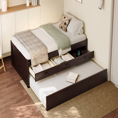 Lit plateforme simple avec lit gigogne et 2 tiroirs, lits en bois massif avec barre d'alimentation, espresso