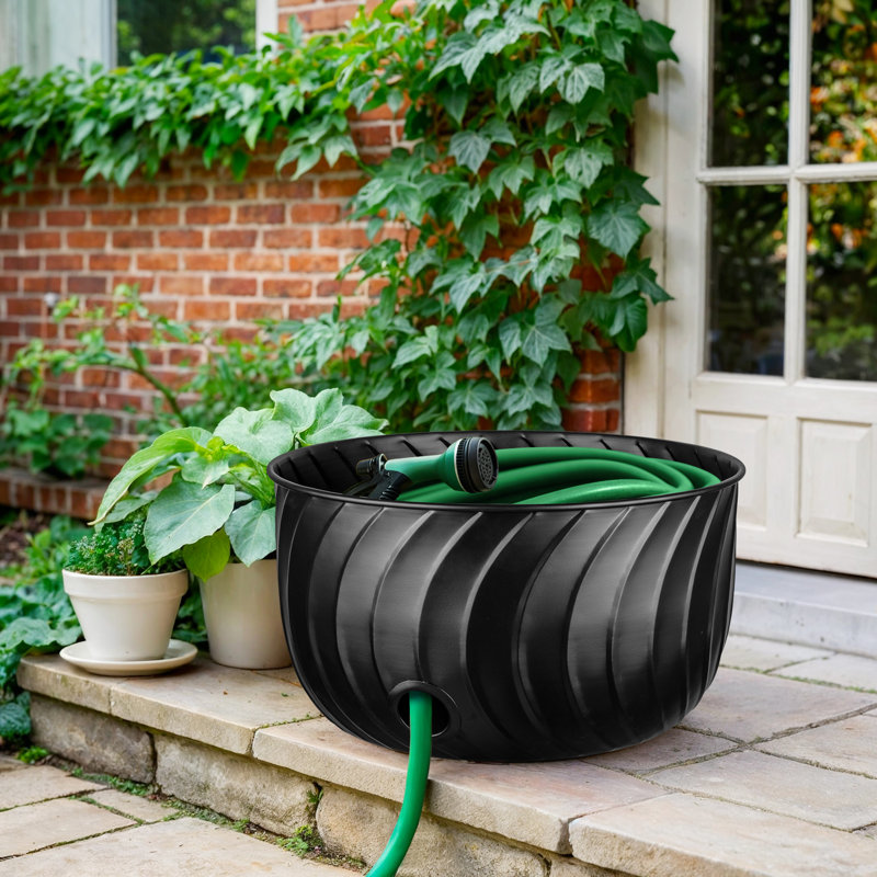Porte-tuyau d'arrosage en métal gaufré à la main avec couvercle, noir, Noir