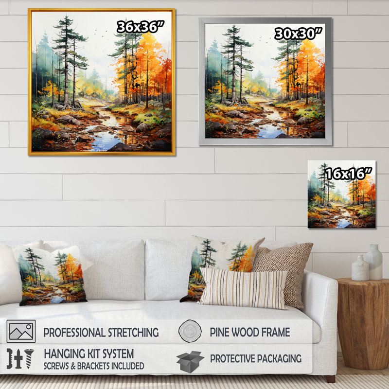 Jaune et orange, rivière d'automne, tranquillité I - rivière, art mural, Cadre flottant doré, H 36 po x l 36 po x P 1,5 po