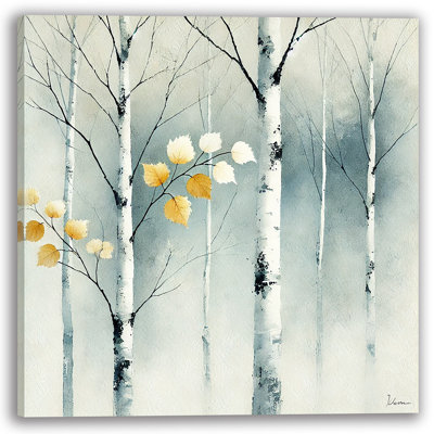 Minimalist Autumn Birch Tree Art – Gold and White Leaves Canvas