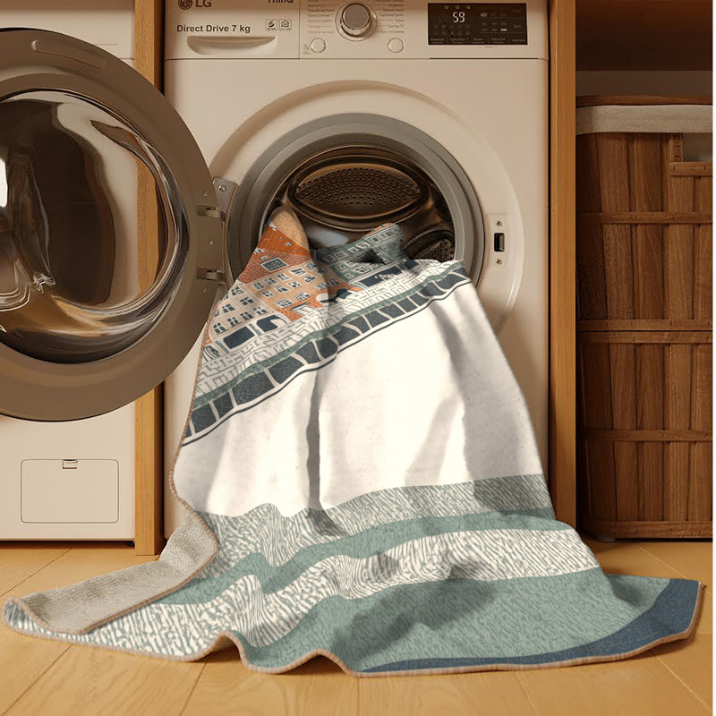 Tapis beige lavable à la machine à imprimé bloc scandinave Nyhavn Harbor - reliure beige, 5 x 8