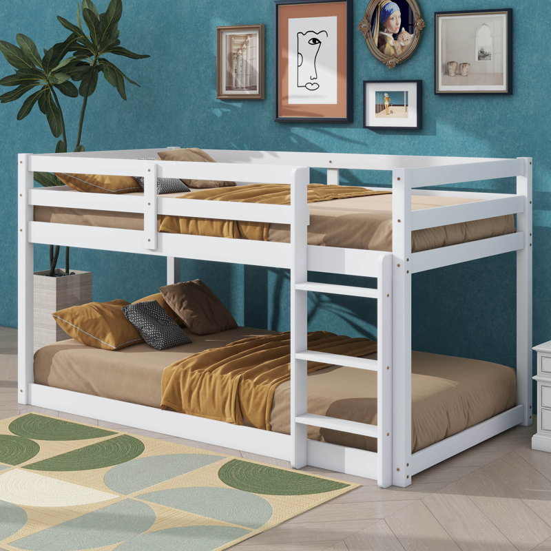 Twin Size Stacked Floor Bunk Bed With Ladder Included, White