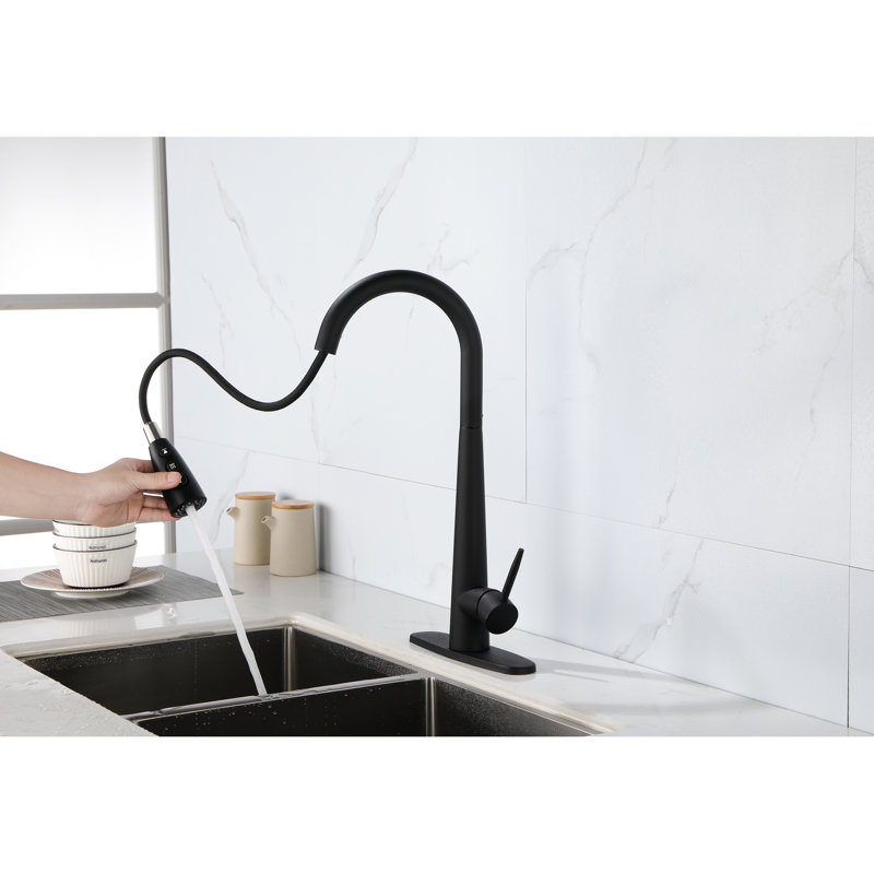 Robinet d'évier de cuisine à poignée simple avec douchette rétractable, matériau en acier inoxydable, aspect noir mat, révolution de la buse à arc élevé 360, trois réglages de débit d'eau, jet, pratique