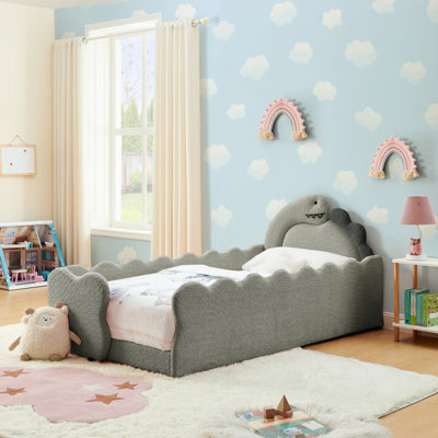 Twin Size -shaped Bed For , Solid Wood Frame With Guardrail, Boucle Fabric - Rounded Padded Rails, Strong Load, Easy Assembly
