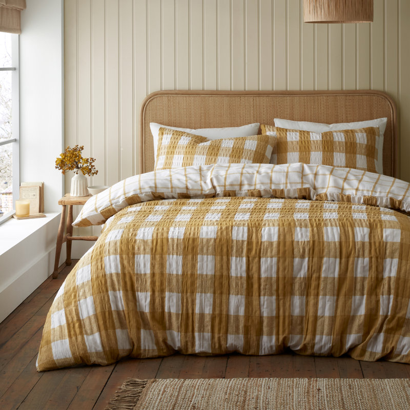Brushed Seersucker Gingham Reversible Duvet Cover Set, Yellow, Full Duvet Cover + 2 Standard Pillowcases