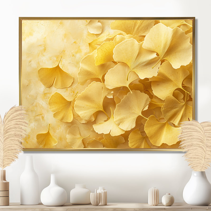 Golden Ginkgo Leaves Harmony III - feuilles, art mural, Impression encadrée flottante, H 24 po x l 32 po, Doré