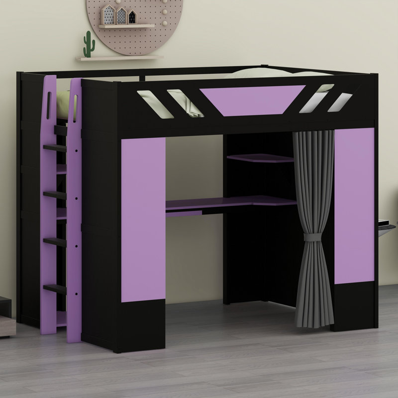 Lit mezzanine moderne avec tablettes intégrées, rideaux occultants et éclairage d'ambiance RVB, Mauve et noir