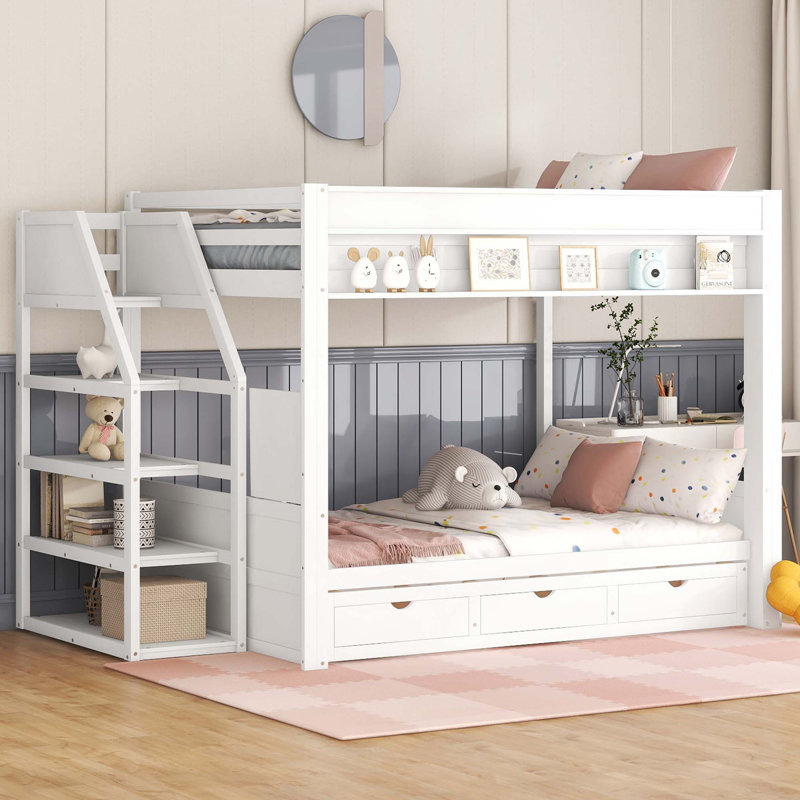 Lit superposé convertible en bois avec escalier de rangement, table de chevet et 3 tiroirs, Blanc
