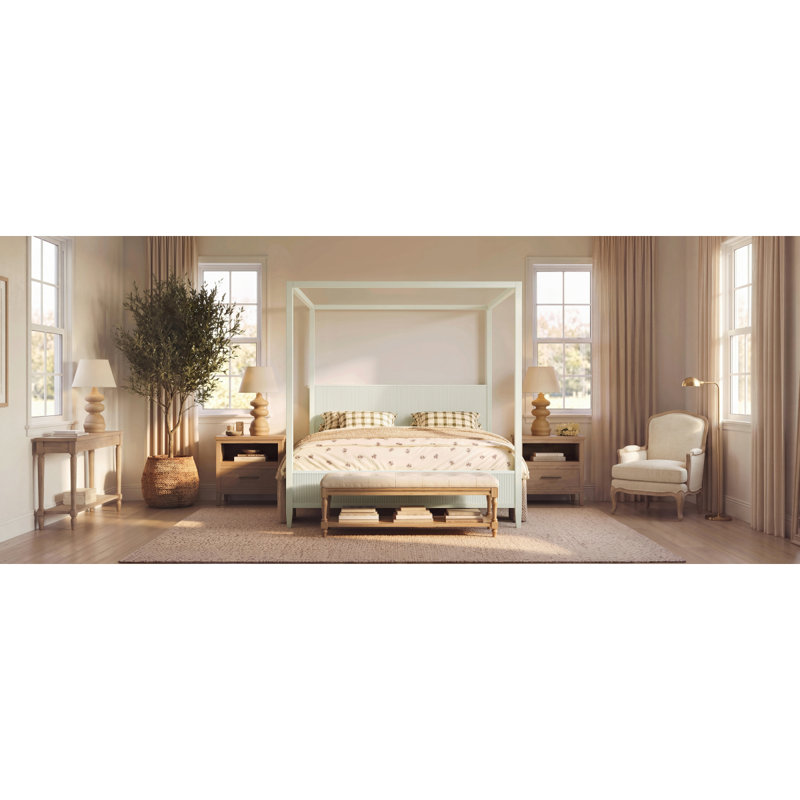 Très grand lit plateforme à baldaquin en bois avec lattes de soutien, beige, King, Beige