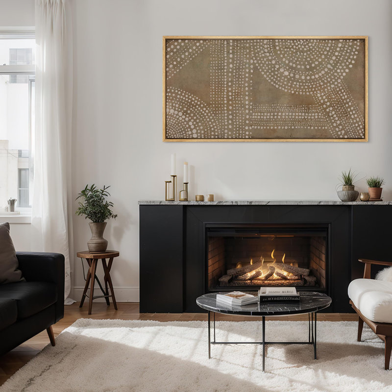 «Mid Century Shape Abstract Dot Matrix», reproduction d'art encadrée sur toile dans des tons de terre, H 30 po x l 60 po