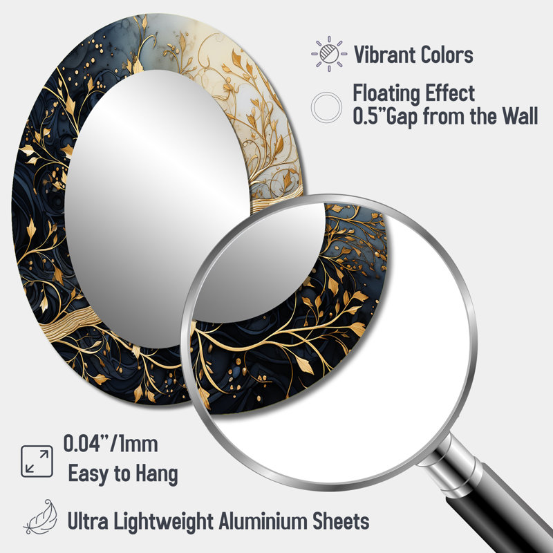 Golden Branch Tree Luminous Leave - Grey light Blue Floral  Wall Mirror, Modern Mirror, Printed Metal Art, 36" x 24", Oval