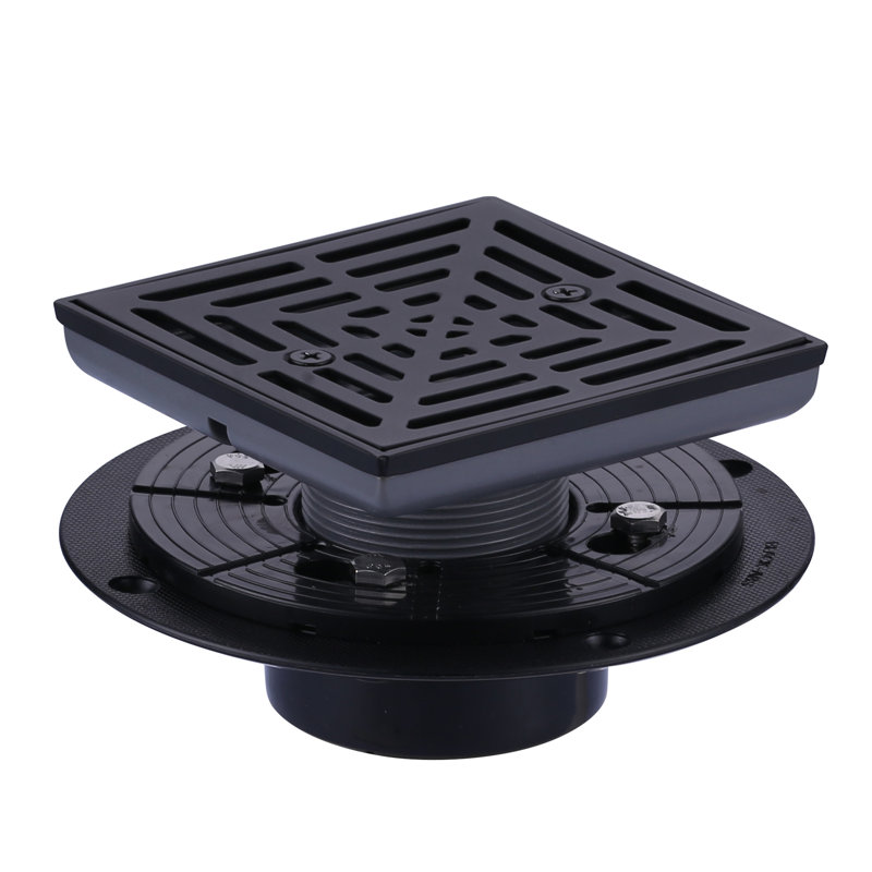 4,5 po Drain de plancher avec crépine carrée en acier inoxydable, Noir mat
