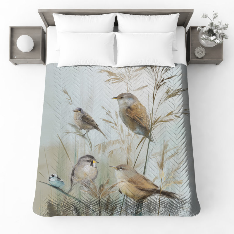 Birds On Grass Stems Bedding Birds Bedspread Animals, Full / Double