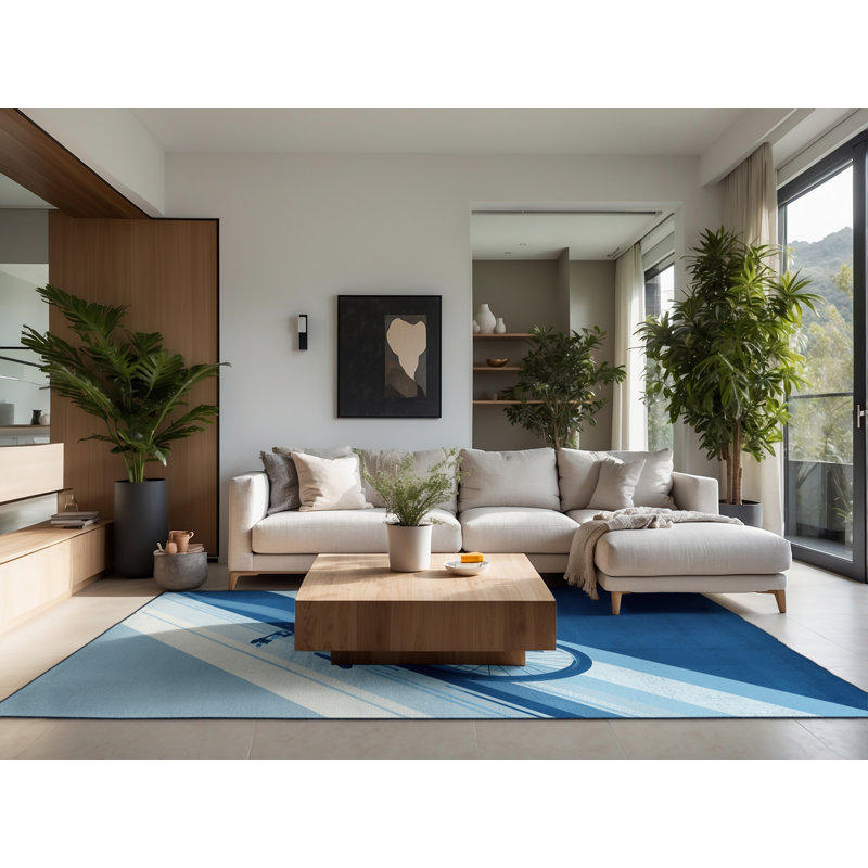 Soft Plush Ehlers Mountain Bike Modern & Contemporary Area Rug in Blue – Navy Binding, 8x12