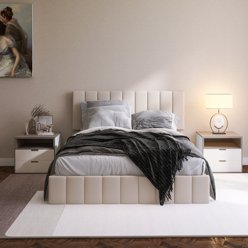 Lit plateforme tapissier avec système de rangement hydraulique, Double, Beige