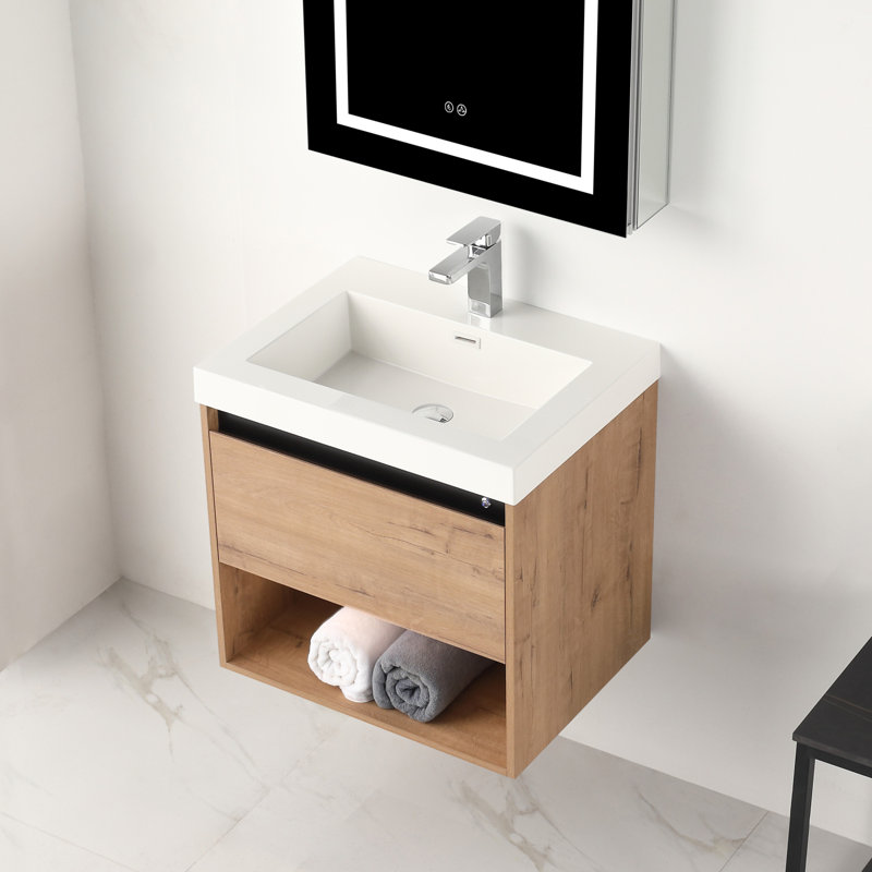 Ensemble de meuble-lavabo flottant 24 po avec lumières DEL Khaleia, Marron clair