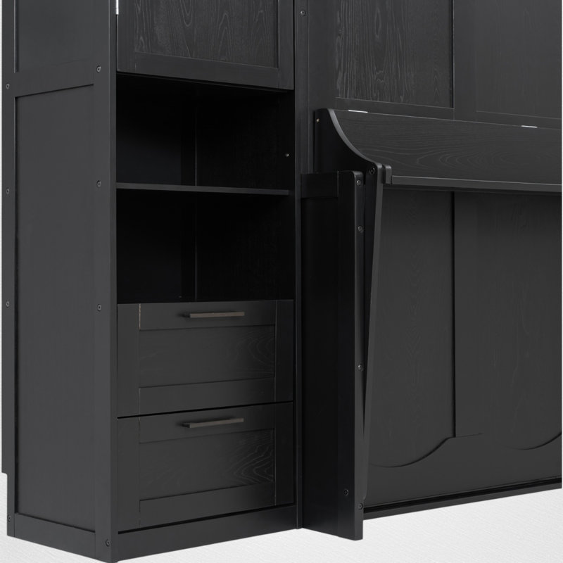  Lit escamotable, lit escamotable avec garde-robe et bureau, bois, tiroirs et étagères de rangement, moderne et contemporain, pièce multifonctionnelle