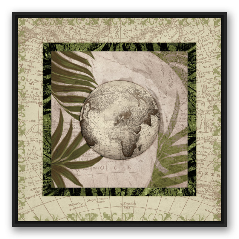 Globe sur palmiers sur toile, H 31,75 po x l 31,75 po x P 1,75 po, Cadre flottant noir
