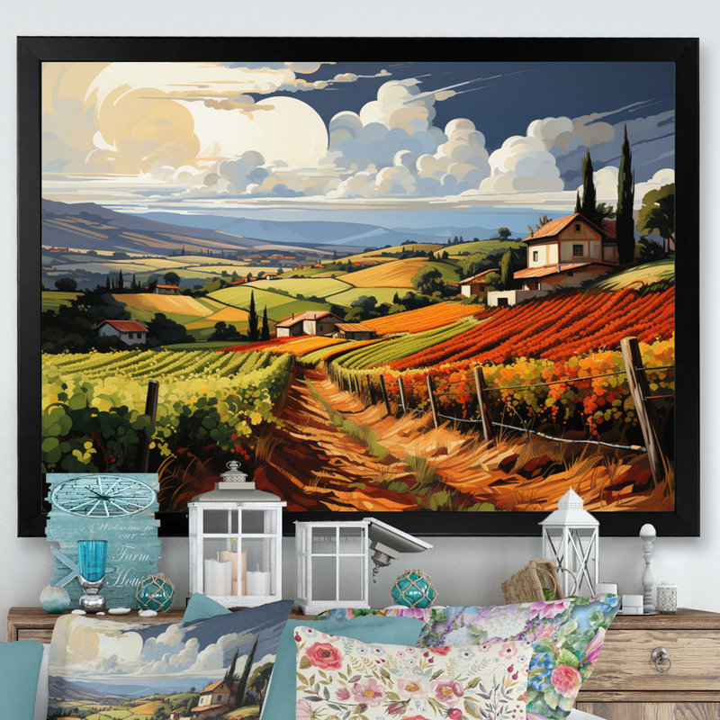 «Vineyard Rows Of Ruby Landscape», reproduction sur toile, H 34 po x l 44 po x P 1,5 po, Cadre photo noir simple