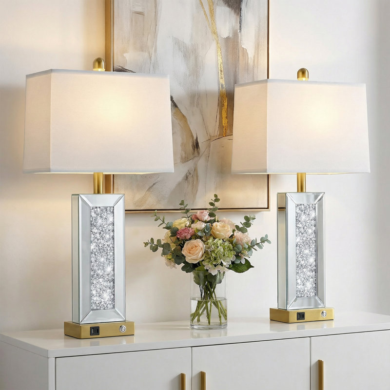 Lampe de table moderne en miroir 27,5 po avec USB et commande tactile de type C à 3 voies, Rectangulaire, Gold