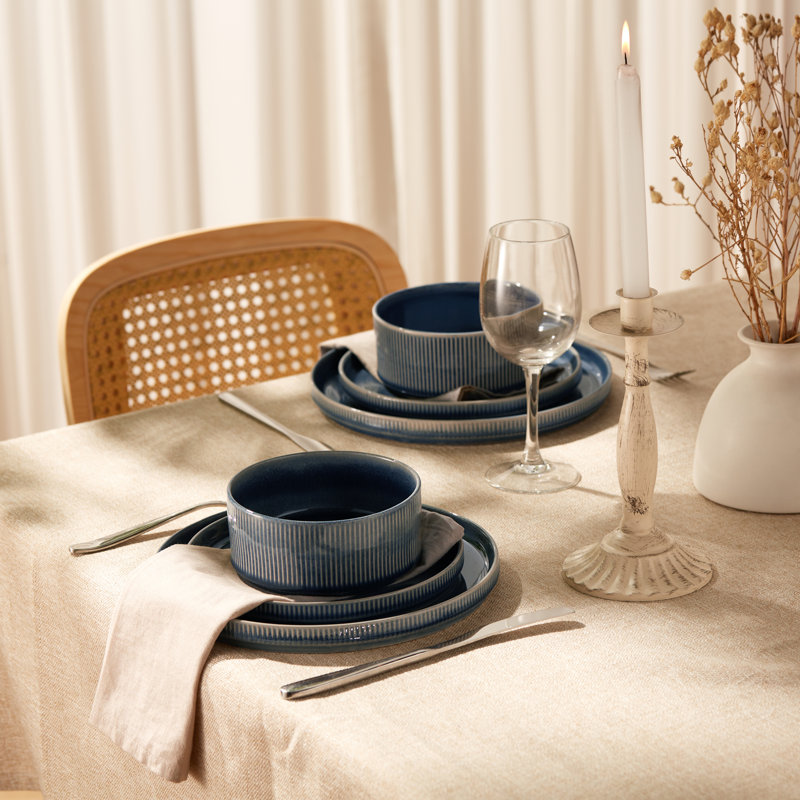 Service de table en céramique Kook, 12 pièces, service pour 4, collection Hearthstone, Bleu