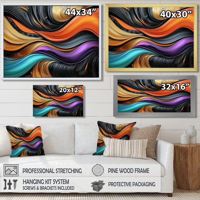 Abstrait abstrait métallique orange et mauve - reproduction abstraite moderne sur toile transitionnelle, H 16 po x l 32 po