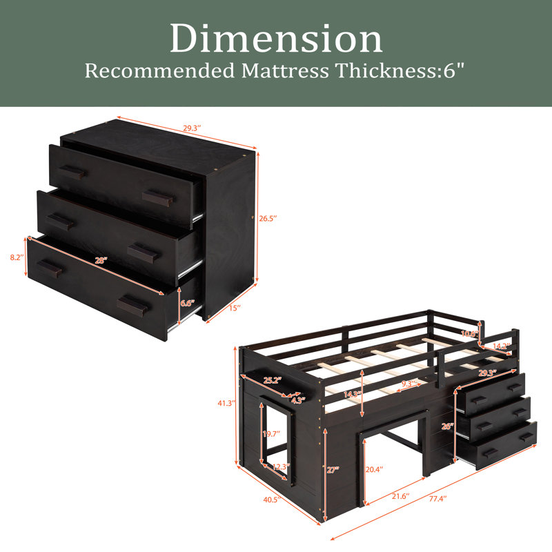 Lit mezzanine simple avec armoire et tablette, Espresso