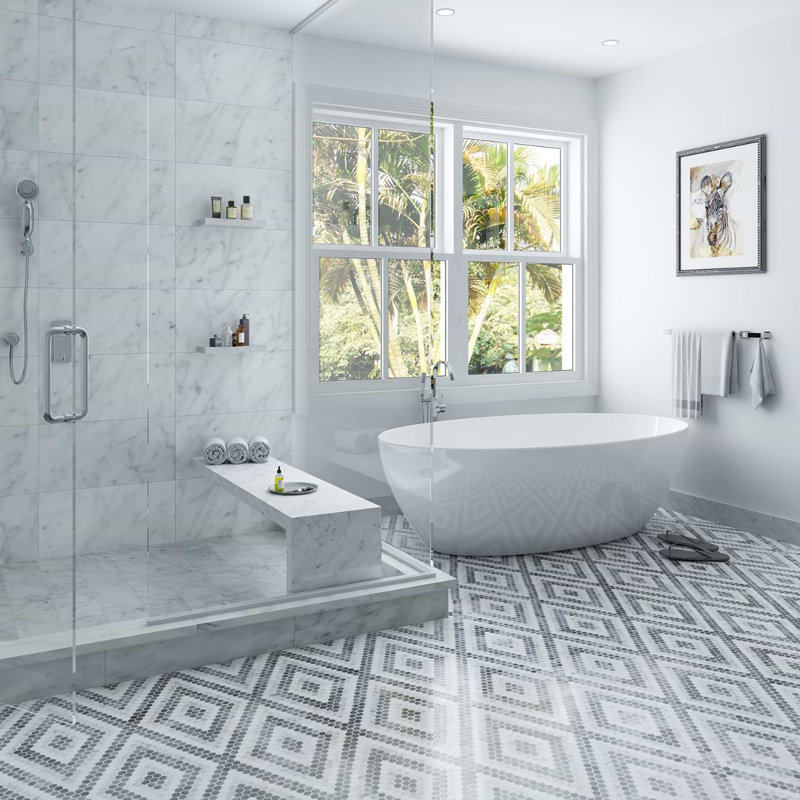 Juno 1" Diamond Hexagon Polished Marble Mosaic, Gray/White