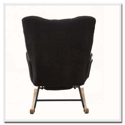 Chaise berçante à oreilles en tissu Teddy avec poche de rangement latérale, base en bois massif