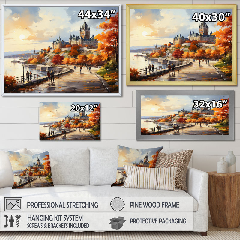 «Québec City Touristic City II», reproduction d'art sur toile Québec, Cadre simple noir, H 12 po x l 20 po x P 1 po