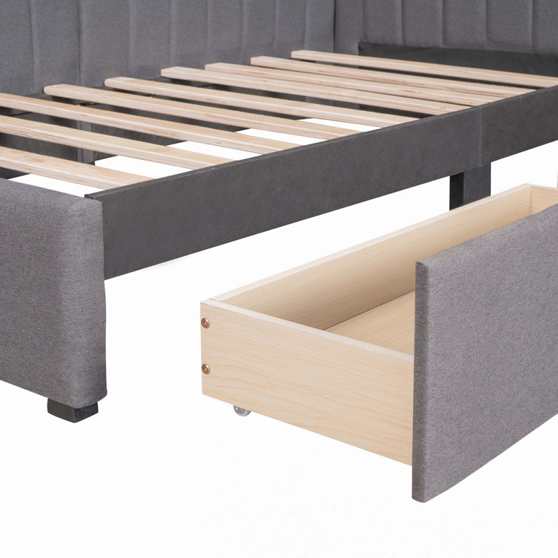 Upholstered Daybed with 2 Storage Drawers Twin Size Sofa Bed Frame No Box Spring Needed, Linen Fabric, Gray