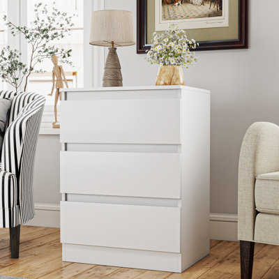 Commode blanche à 3 tiroirs sans poignée - Grande table de chevet moderne en bois pour la chambre à coucher