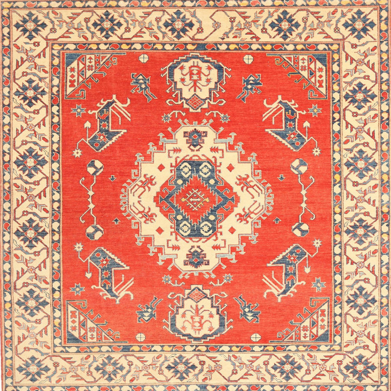 Tapis rouge/bleu traditionnel Andora, Carré 5 pi