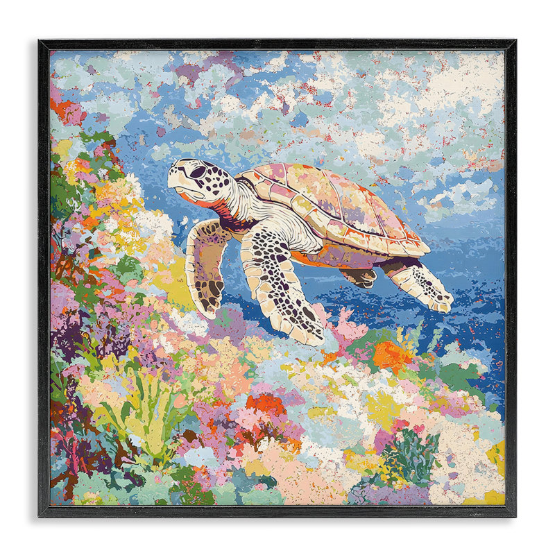 Tortue vive au milieu des récifs, estampe numérique, design par LSR Creative Studio, Giclée encadrée noir minuit