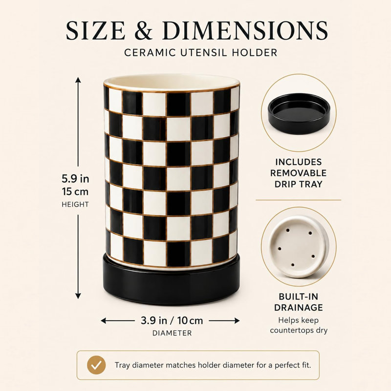 Ceramic Checkered Flatware Caddy with Gold Rim