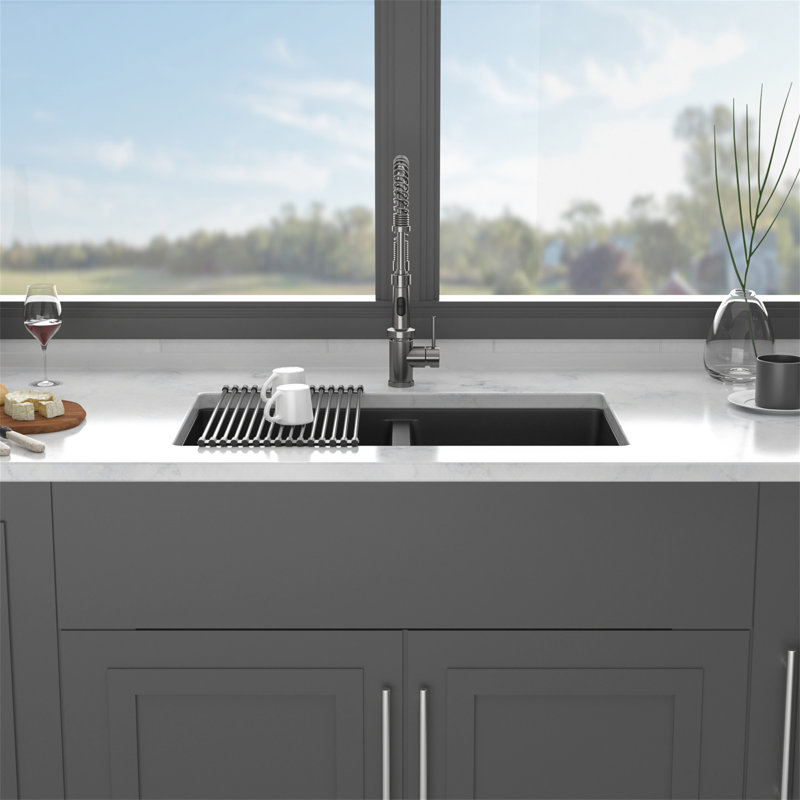 Quartz Kitchen Sink - 33" X 19" X 10.33" Black Granite Composite Undermount Kitchen Sink Double Bowl, Black